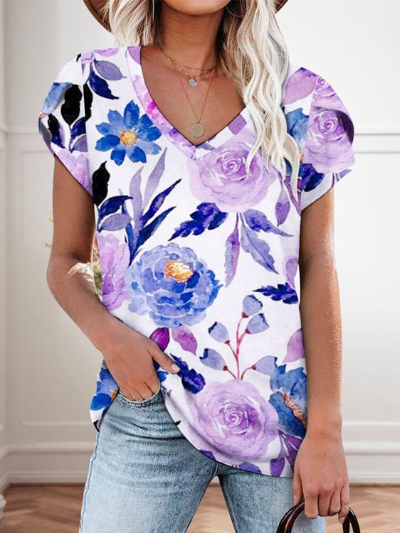 Women's T-Shirts Floral Print V-Neck Short Sleeve T-Shirt - T-Shirts - Instastyled | Online Fashion Free Shipping Clothing, Dresses, Tops, Shoes - 20-30 - 26/05/2022 - color-blue