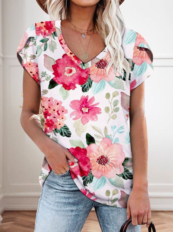 Women's T-Shirts Floral Print V-Neck Short Sleeve T-Shirt - T-Shirts - Instastyled | Online Fashion Free Shipping Clothing, Dresses, Tops, Shoes - 20-30 - 26/05/2022 - color-blue