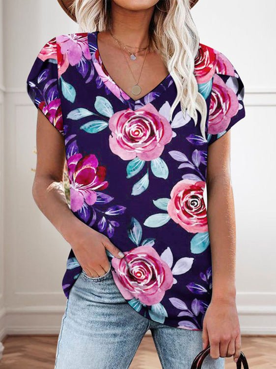 Women's T-Shirts Floral Print V-Neck Short Sleeve T-Shirt - T-Shirts - Instastyled | Online Fashion Free Shipping Clothing, Dresses, Tops, Shoes - 20-30 - 26/05/2022 - color-blue