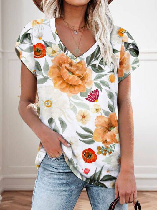 Women's T-Shirts Floral Print V-Neck Short Sleeve T-Shirt - T-Shirts - Instastyled | Online Fashion Free Shipping Clothing, Dresses, Tops, Shoes - 20-30 - 26/05/2022 - color-blue