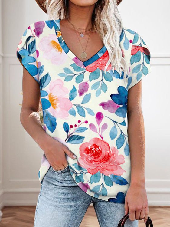 Women's T-Shirts Floral Print V-Neck Short Sleeve T-Shirt - T-Shirts - Instastyled | Online Fashion Free Shipping Clothing, Dresses, Tops, Shoes - 20-30 - 26/05/2022 - color-blue