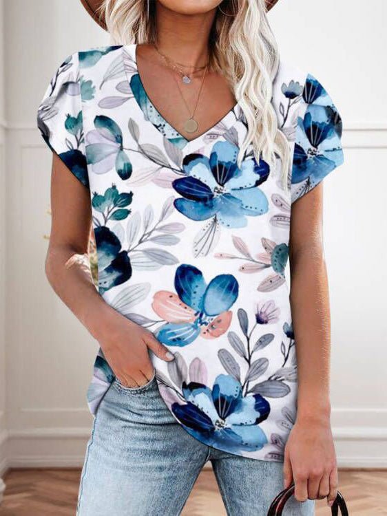 Women's T-Shirts Floral Print V-Neck Short Sleeve T-Shirt - T-Shirts - Instastyled | Online Fashion Free Shipping Clothing, Dresses, Tops, Shoes - 20-30 - 26/05/2022 - color-blue