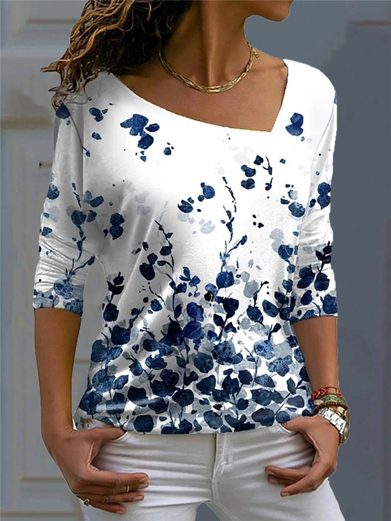 Women's T-Shirts Flower And Leaf Print V-Neck Long Sleeve T-Shirt - T-Shirts - INS | Online Fashion Free Shipping Clothing, Dresses, Tops, Shoes - 10/09/2021 - 20-30 - Category_T-Shirts