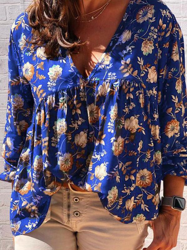 Women's T-Shirts Flower Deep V-Neck Long Sleeve T-Shirt - T-Shirts - INS | Online Fashion Free Shipping Clothing, Dresses, Tops, Shoes - 06/11/2021 - 20-30 - color-blue