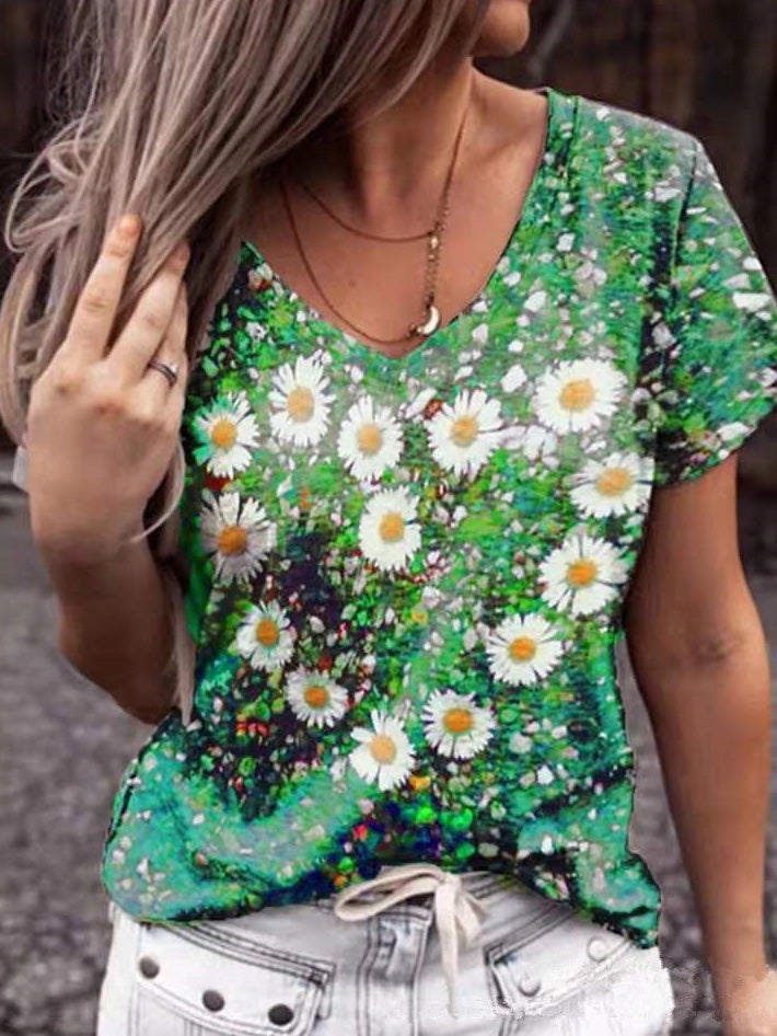 Women's T-Shirts Flower Heart Print V-Neck Short Sleeve T-Shirt - T-Shirts - Instastyled | Online Fashion Free Shipping Clothing, Dresses, Tops, Shoes - 15/01/2022 - 20-30 - color-gray