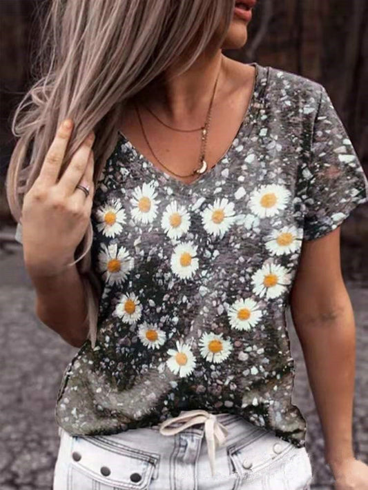 Women's T-Shirts Flower Heart Print V-Neck Short Sleeve T-Shirt - T-Shirts - Instastyled | Online Fashion Free Shipping Clothing, Dresses, Tops, Shoes - 15/01/2022 - 20-30 - color-gray