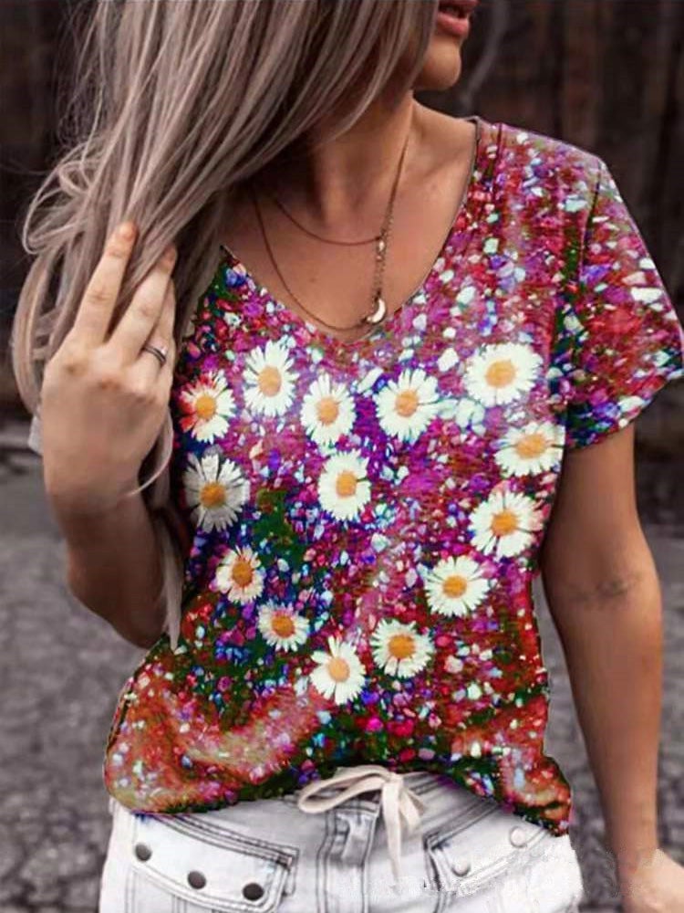 Women's T-Shirts Flower Heart Print V-Neck Short Sleeve T-Shirt - T-Shirts - Instastyled | Online Fashion Free Shipping Clothing, Dresses, Tops, Shoes - 15/01/2022 - 20-30 - color-gray