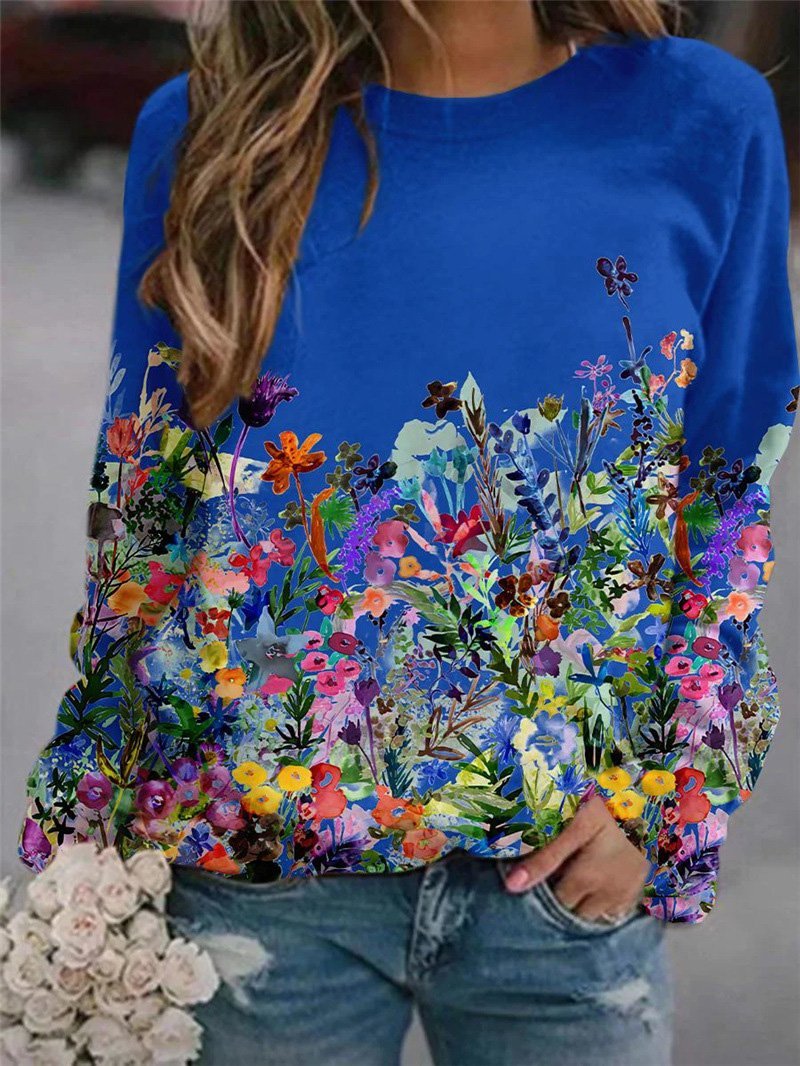 Women's T-Shirts Flower Print Long Sleeve Round Neck T-Shirts - T-Shirts - INS | Online Fashion Free Shipping Clothing, Dresses, Tops, Shoes - 17/09/2021 - 20-30 - Category_T-Shirts