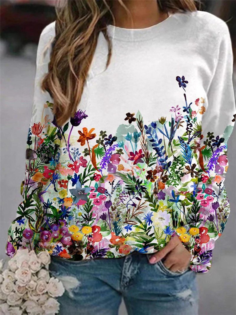 Women's T-Shirts Flower Print Long Sleeve Round Neck T-Shirts - T-Shirts - INS | Online Fashion Free Shipping Clothing, Dresses, Tops, Shoes - 17/09/2021 - 20-30 - Category_T-Shirts