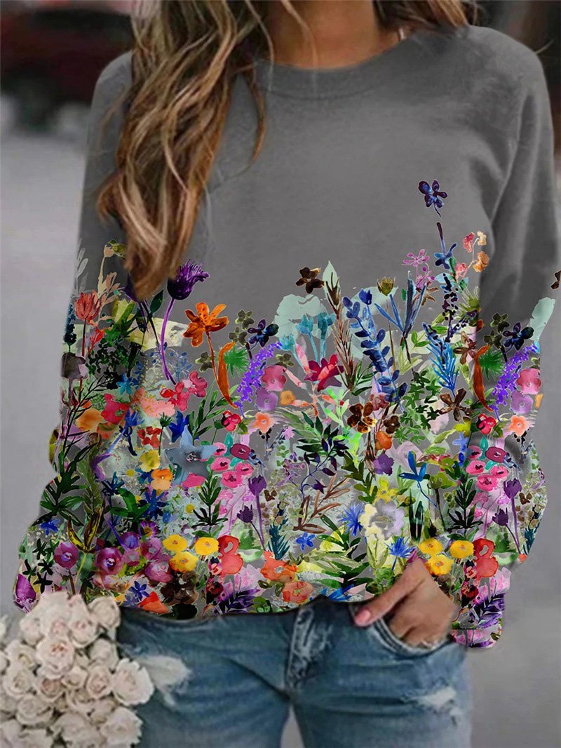 Women's T-Shirts Flower Print Long Sleeve Round Neck T-Shirts - T-Shirts - INS | Online Fashion Free Shipping Clothing, Dresses, Tops, Shoes - 17/09/2021 - 20-30 - Category_T-Shirts