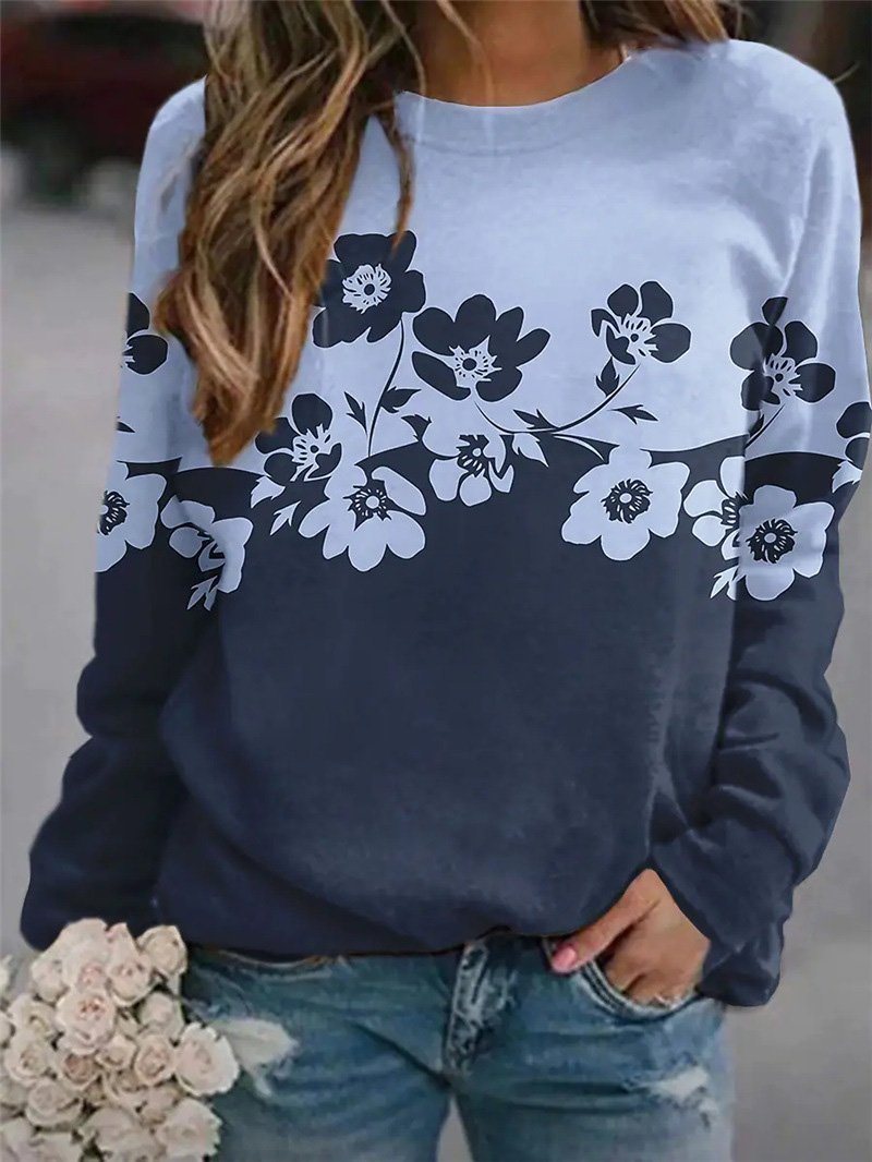 Women's T-Shirts Flower Print Round Neck Long Sleeve T-Shirt - T-Shirts - Instastyled | Online Fashion Free Shipping Clothing, Dresses, Tops, Shoes - 06/12/2021 - 20-30 - color-blue