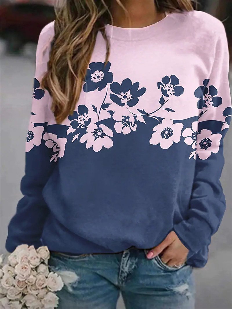 Women's T-Shirts Flower Print Round Neck Long Sleeve T-Shirt - T-Shirts - Instastyled | Online Fashion Free Shipping Clothing, Dresses, Tops, Shoes - 06/12/2021 - 20-30 - color-blue