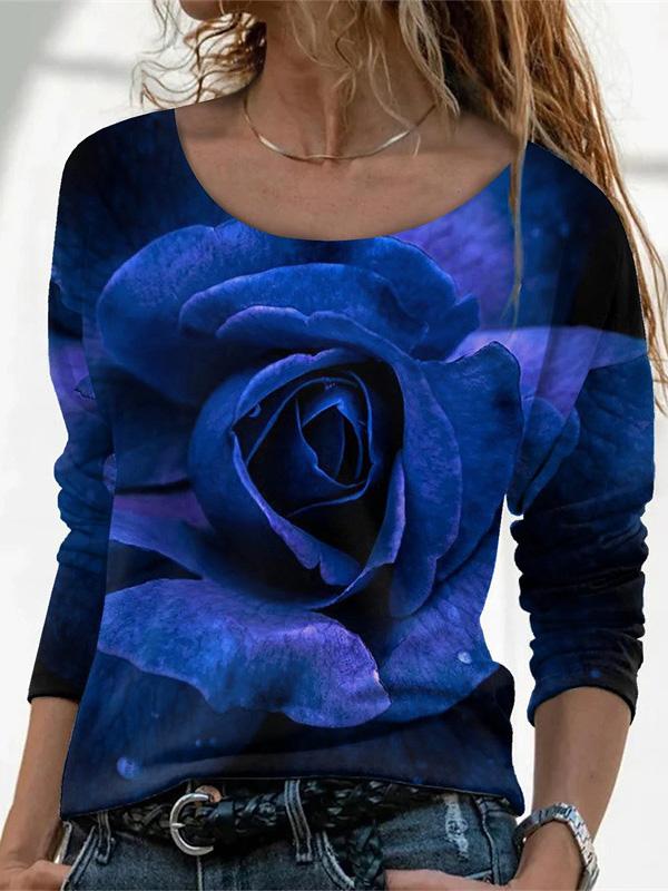 Women's T-Shirts Flower Print Round Neck Long Sleeve T-Shirt - T-Shirts - Instastyled | Online Fashion Free Shipping Clothing, Dresses, Tops, Shoes - 10/12/2021 - 20-30 - color-blue