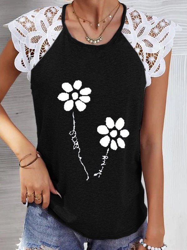 Women's T-Shirts Flower Round Neck Lace Panel T-Shirt - T-Shirts - Instastyled | Online Fashion Free Shipping Clothing, Dresses, Tops, Shoes - 04/08/2022 - Color_Black - Color_Blue