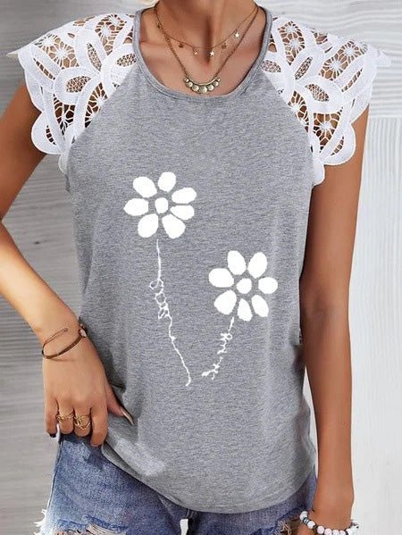 Women's T-Shirts Flower Round Neck Lace Panel T-Shirt - T-Shirts - Instastyled | Online Fashion Free Shipping Clothing, Dresses, Tops, Shoes - 04/08/2022 - Color_Black - Color_Blue