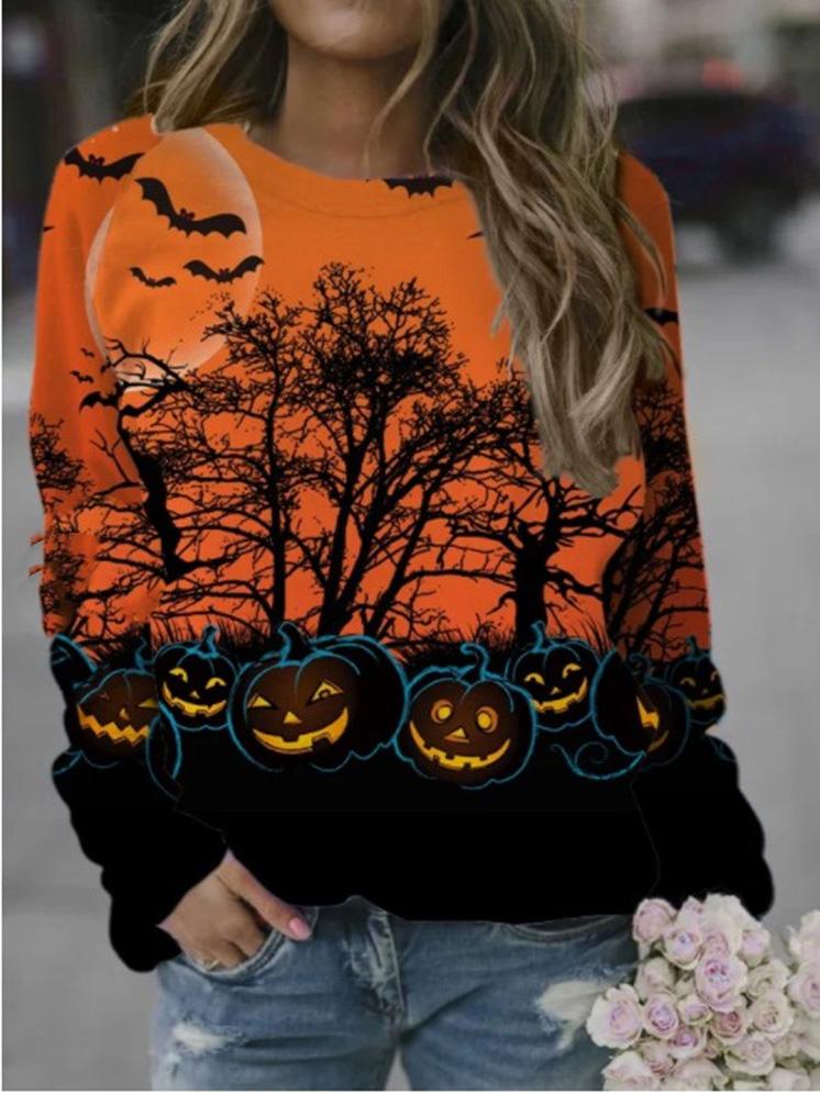 Women's T-Shirts Forest Pumpkin Print Round Neck Long Sleeve T-Shirt - T-Shirts - INS | Online Fashion Free Shipping Clothing, Dresses, Tops, Shoes - 02/09/2021 - 10-20 - Category_T-Shirts