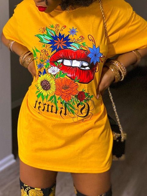 Women's T-Shirts Fun Lip Print Crew Neck Short Sleeve T-Shirt - T-Shirts - Instastyled | Online Fashion Free Shipping Clothing, Dresses, Tops, Shoes - 10/02/2022 - 20-30 - color-yellow