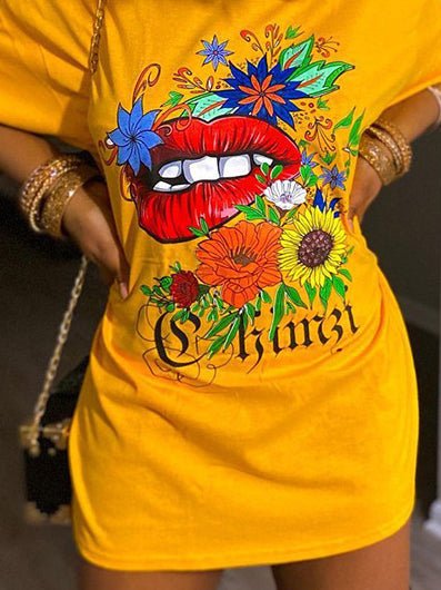 Women's T-Shirts Fun Lip Print Crew Neck Short Sleeve T-Shirt - T-Shirts - Instastyled | Online Fashion Free Shipping Clothing, Dresses, Tops, Shoes - 10/02/2022 - 20-30 - color-yellow