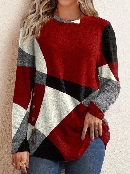 Women's T-Shirts Geometric Contrast Print Buttoned Long Sleeve T-Shirt - T-Shirts - Instastyled | Online Fashion Free Shipping Clothing, Dresses, Tops, Shoes - 20-30 - 29/12/2021 - color-blue