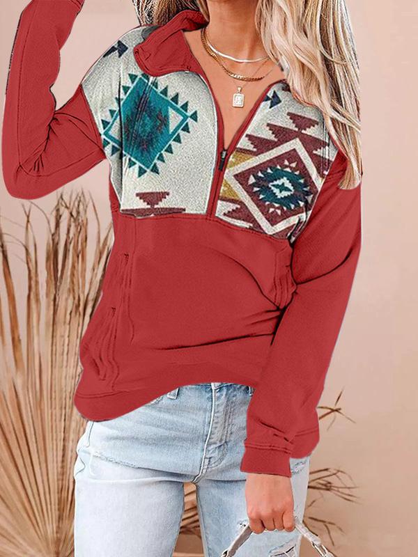 Women's T-Shirts Geometric Pattern Zipper Long Sleeve T-Shirt - T-Shirts - INS | Online Fashion Free Shipping Clothing, Dresses, Tops, Shoes - 18/09/2021 - 20-30 - Category_T-Shirts