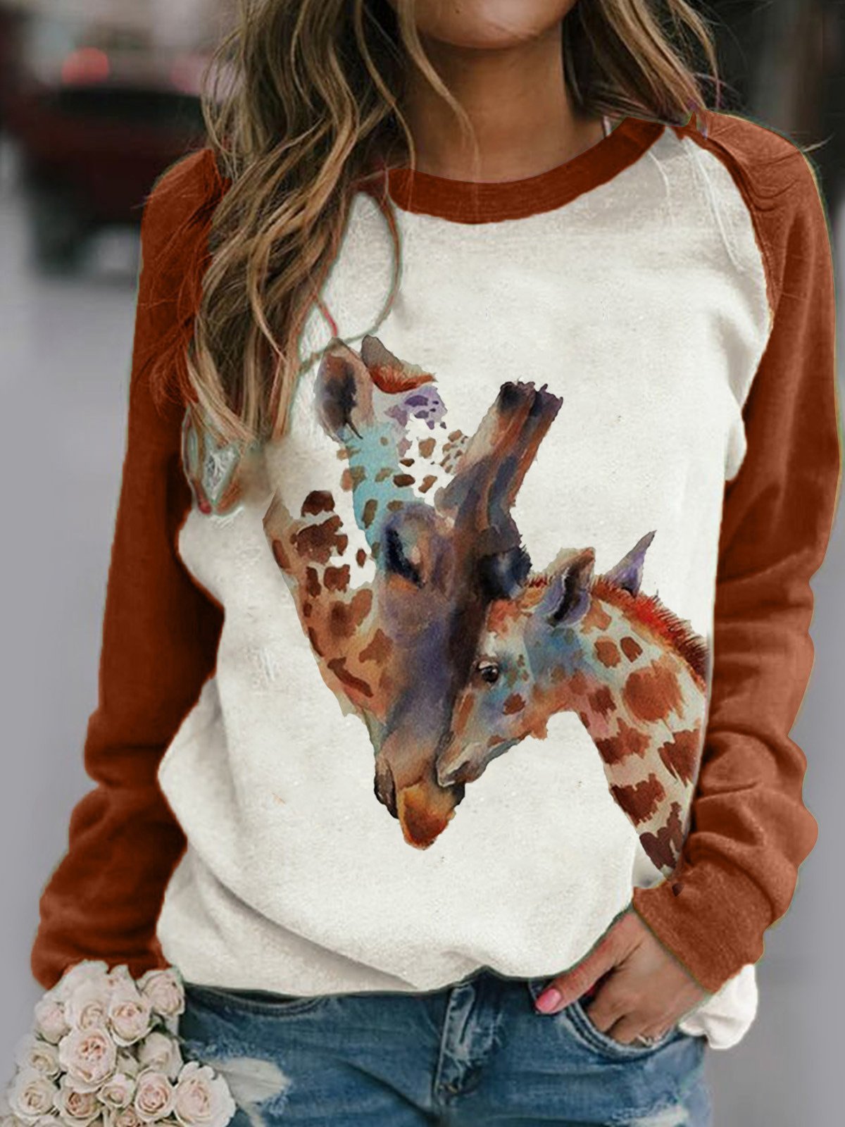 Women's T-Shirts Giraffe Print Round Neck Long Sleeve T-Shirt - T-Shirts - INS | Online Fashion Free Shipping Clothing, Dresses, Tops, Shoes - 10-20 - 18/09/2021 - Category_T-Shirts