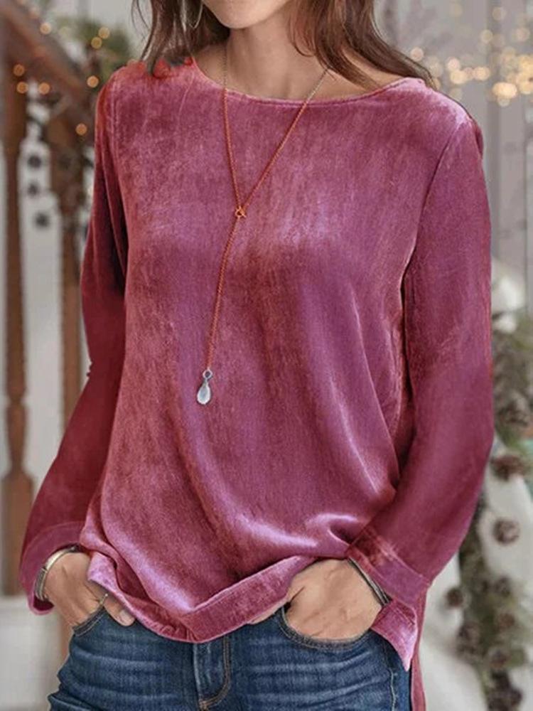 Women's T-Shirts Gold Velvet Long Sleeve Round Neck T-Shirt - T-Shirts - INS | Online Fashion Free Shipping Clothing, Dresses, Tops, Shoes - 02/09/2021 - 20-30 - Category_T-Shirts