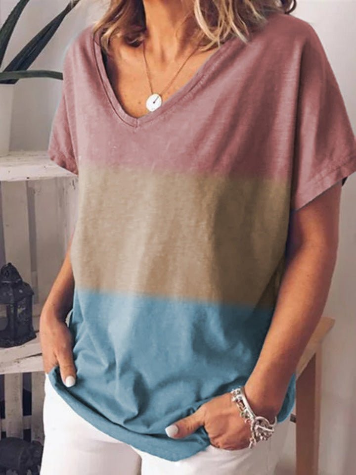 Women's T-Shirts Gradient Contrast Print V-Neck Short Sleeve T-Shirt - T-Shirts - Instastyled | Online Fashion Free Shipping Clothing, Dresses, Tops, Shoes - 11/03/2022 - 20-30 - color-blue