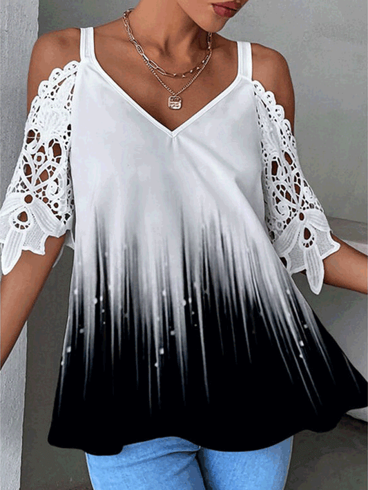 Women's T-Shirts Gradient Lace Off-the-Shoulder Sleeves T-Shirt - T-Shirts - Instastyled | Online Fashion Free Shipping Clothing, Dresses, Tops, Shoes - 17/05/2022 - 20-30 - color-white