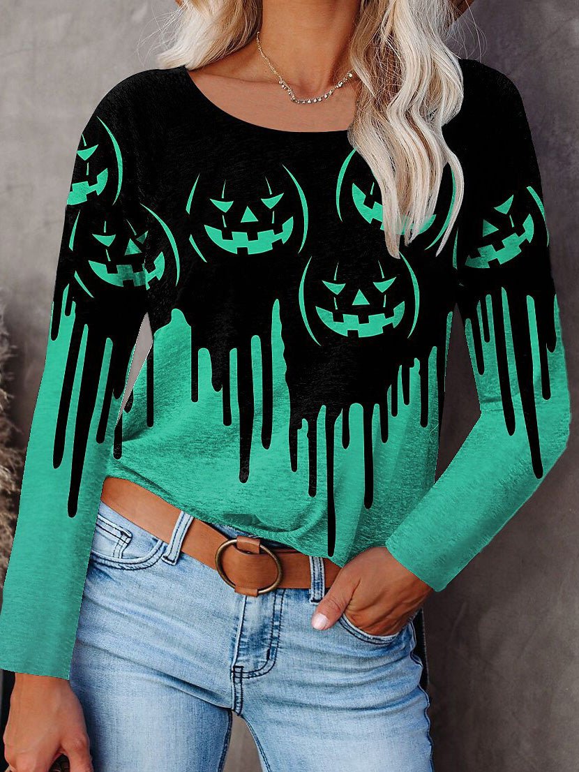 Women's T-Shirts Halloween Print Crew Neck Long Sleeve T-Shirt - T-Shirts - Instastyled | Online Fashion Free Shipping Clothing, Dresses, Tops, Shoes - 22/09/2022 - Color_Blue - Color_Green