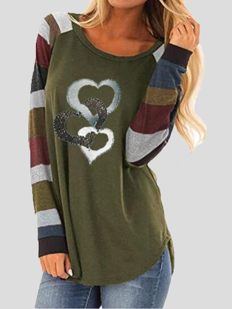 Women's T-Shirts Heart Print Contrast Stripes Round Neck Long Sleeve T-Shirt - T-Shirts - INS | Online Fashion Free Shipping Clothing, Dresses, Tops, Shoes - 13/09/2021 - 20-30 - Category_T-Shirts