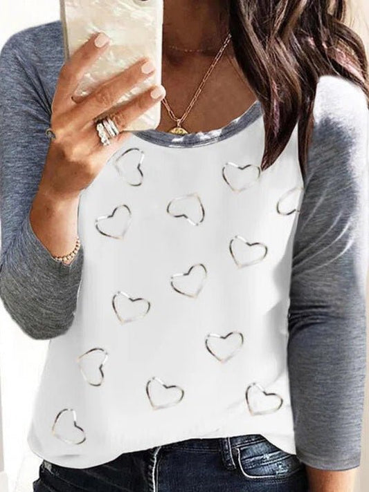 Women's T-Shirts Heart Print Crew Neck Long Sleeve T-Shirt - T-Shirts - Instastyled | Online Fashion Free Shipping Clothing, Dresses, Tops, Shoes - 01/03/2022 - 20-30 - color-white