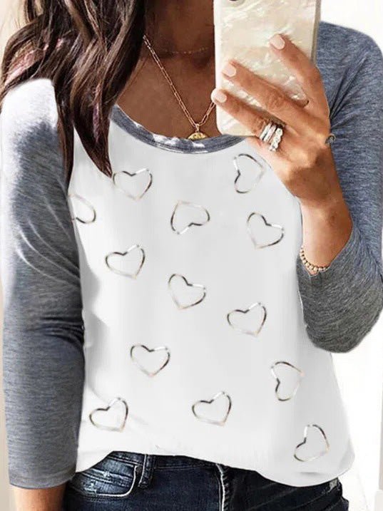 Women's T-Shirts Heart Print Crew Neck Long Sleeve T-Shirt - T-Shirts - Instastyled | Online Fashion Free Shipping Clothing, Dresses, Tops, Shoes - 01/03/2022 - 20-30 - color-white