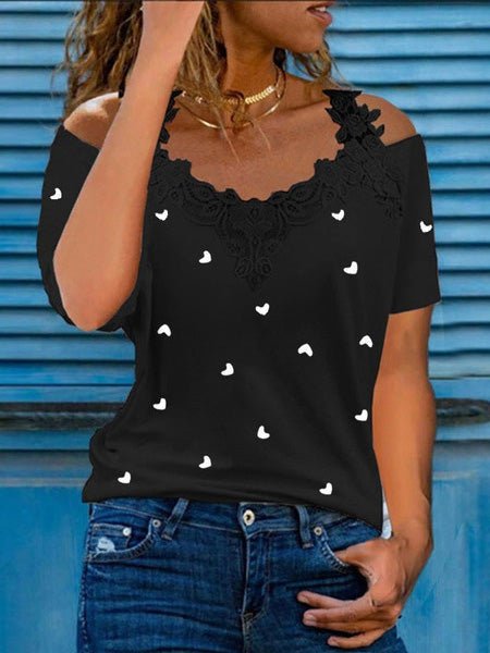 Women's T-Shirts Heart Print Lace Off Shoulder Short Sleeve T-Shirt - T-Shirts - Instastyled | Online Fashion Free Shipping Clothing, Dresses, Tops, Shoes - 13/06/2022 - 20-30 - color-black