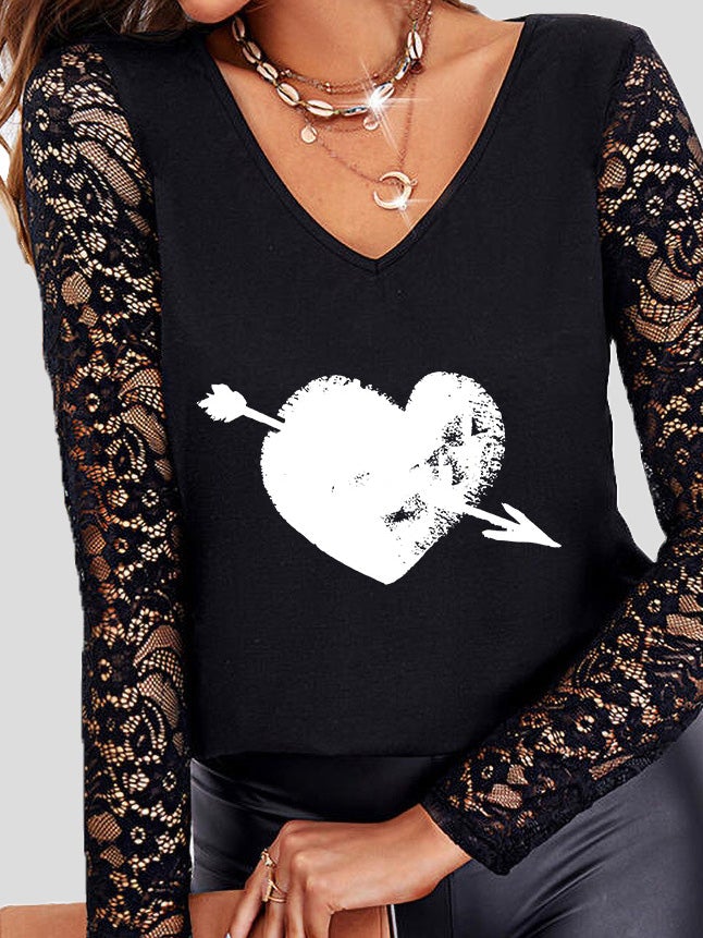 Women's T-Shirts Heart Print V-Neck Lace Long Sleeve T-Shirt - T-Shirts - Instastyled | Online Fashion Free Shipping Clothing, Dresses, Tops, Shoes - 20-30 - 20/01/2022 - color-black