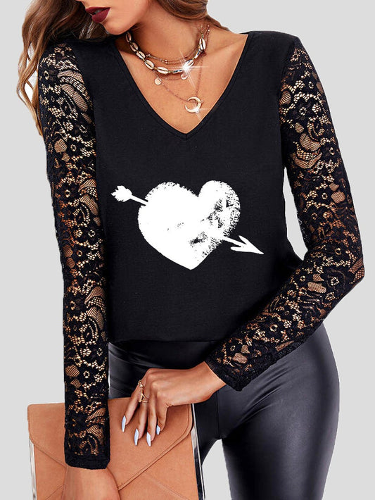 Women's T-Shirts Heart Print V-Neck Lace Long Sleeve T-Shirt - T-Shirts - Instastyled | Online Fashion Free Shipping Clothing, Dresses, Tops, Shoes - 20-30 - 20/01/2022 - color-black