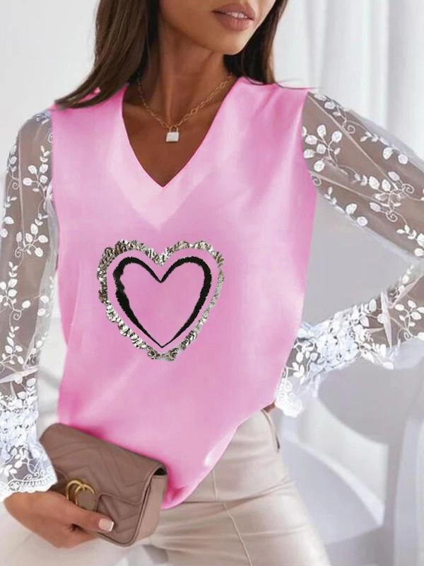 Women's T-Shirts Heart-Shaped Printed V-Neck Lace Long Sleeve T-Shirt - T-Shirts - Instastyled | Online Fashion Free Shipping Clothing, Dresses, Tops, Shoes - 03/12/2021 - 20-30 - color-pink