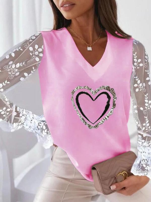 Women's T-Shirts Heart-Shaped Printed V-Neck Lace Long Sleeve T-Shirt - T-Shirts - Instastyled | Online Fashion Free Shipping Clothing, Dresses, Tops, Shoes - 03/12/2021 - 20-30 - color-pink