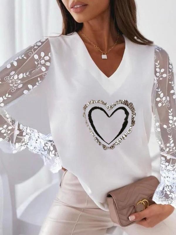 Women's T-Shirts Heart-Shaped Printed V-Neck Lace Long Sleeve T-Shirt - T-Shirts - Instastyled | Online Fashion Free Shipping Clothing, Dresses, Tops, Shoes - 03/12/2021 - 20-30 - color-pink