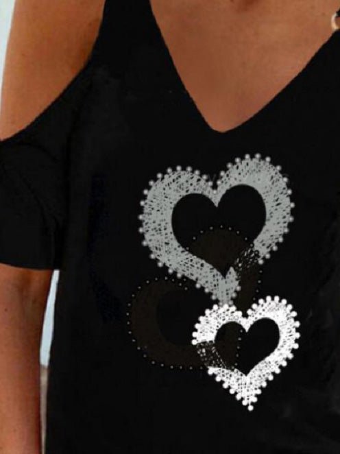 Women's T-Shirts Heart V-Neck Off-Shoulder T-Shirt - T-Shirts - Instastyled | Online Fashion Free Shipping Clothing, Dresses, Tops, Shoes - 15/07/2022 - 20-30 - color-black