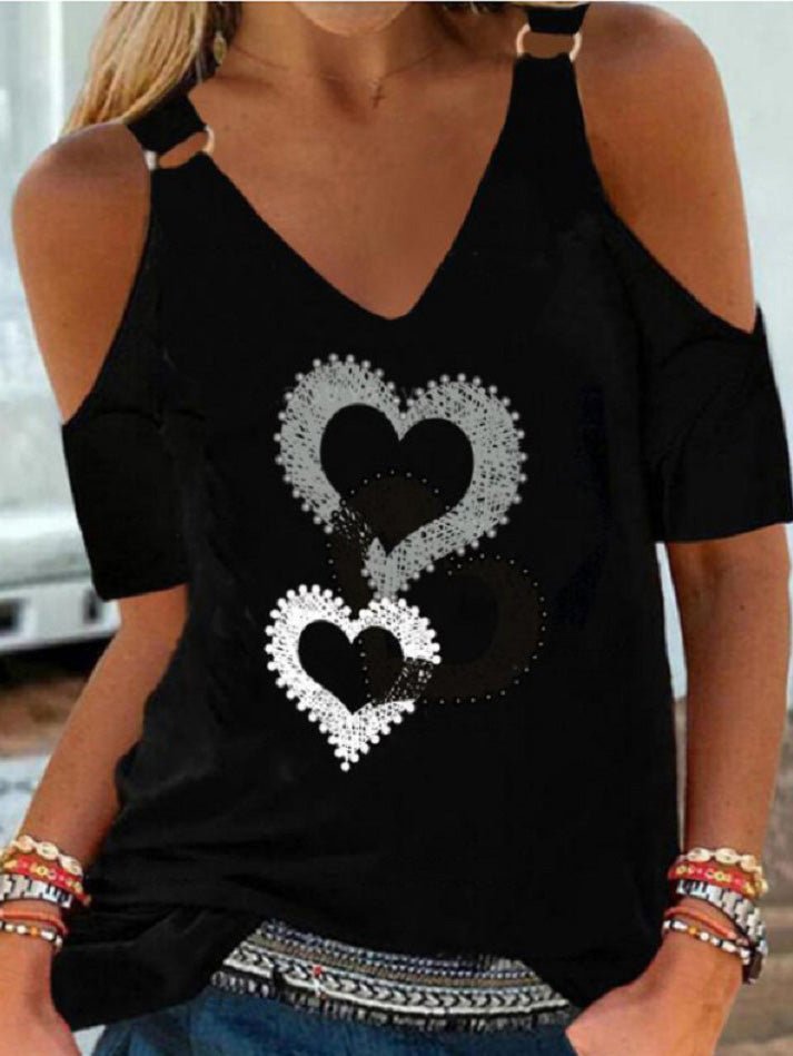 Women's T-Shirts Heart V-Neck Off-Shoulder T-Shirt - T-Shirts - Instastyled | Online Fashion Free Shipping Clothing, Dresses, Tops, Shoes - 15/07/2022 - 20-30 - color-black