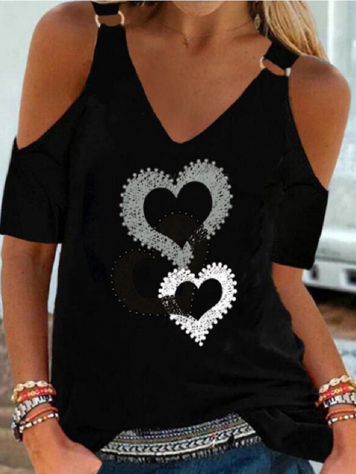 Women's T-Shirts Heart V-Neck Off-Shoulder T-Shirt - T-Shirts - Instastyled | Online Fashion Free Shipping Clothing, Dresses, Tops, Shoes - 15/07/2022 - 20-30 - color-black