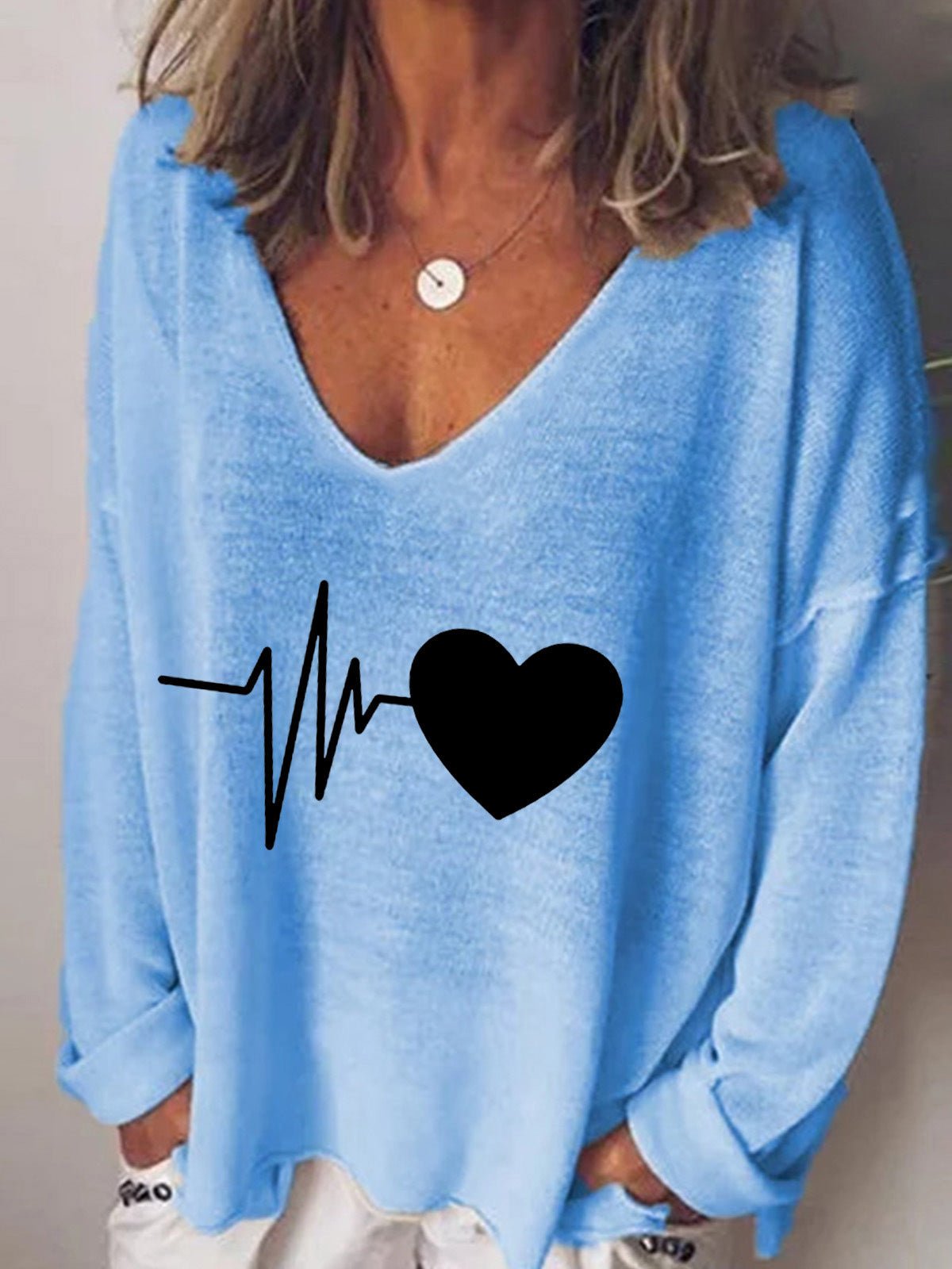 Women's T-Shirts Heartbeat Print V-Neck Long Sleeve T-Shirt - T-Shirts - Instastyled | Online Fashion Free Shipping Clothing, Dresses, Tops, Shoes - 13/08/2022 - Color_Black - Color_Blue