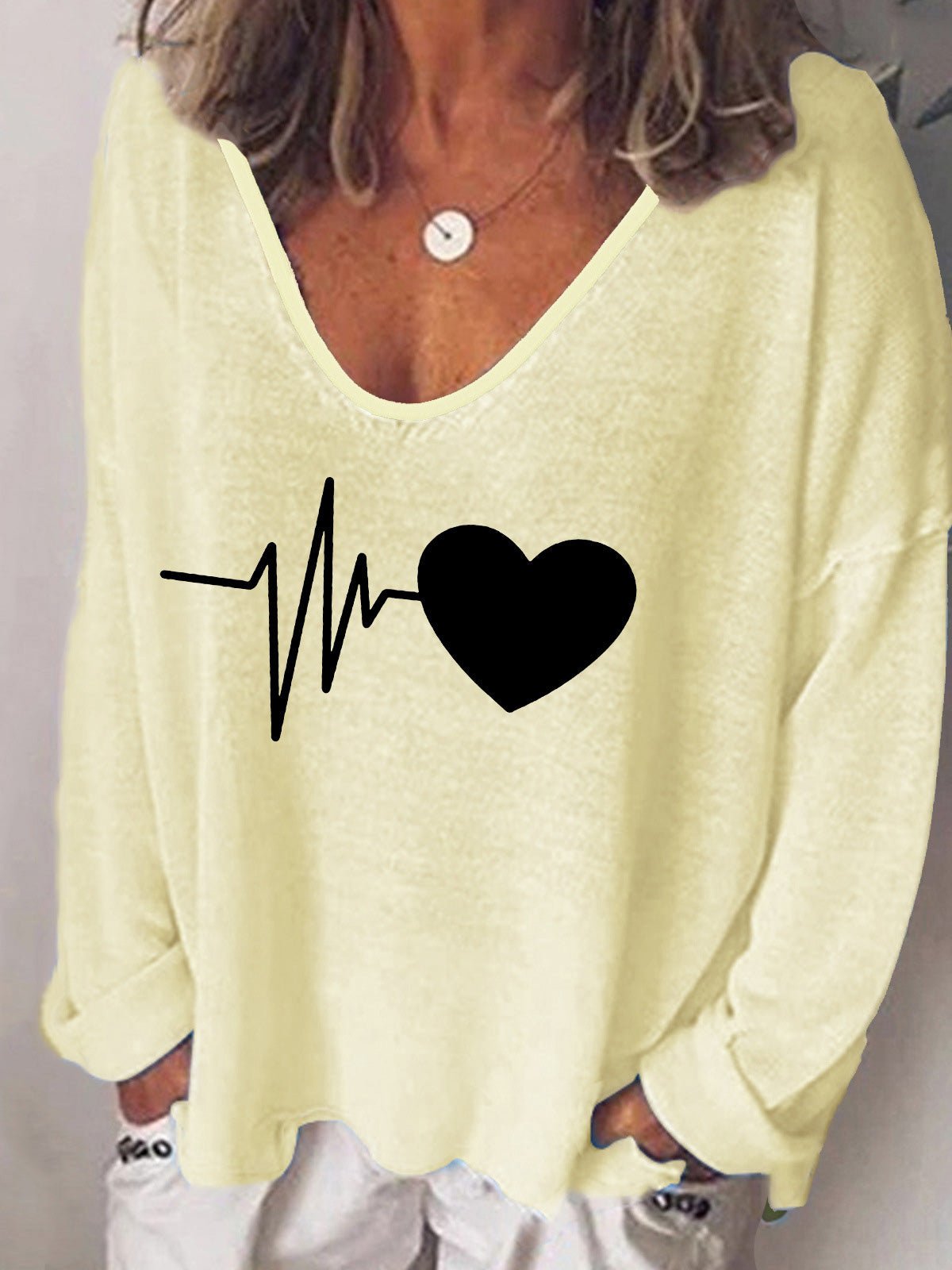 Women's T-Shirts Heartbeat Print V-Neck Long Sleeve T-Shirt - T-Shirts - Instastyled | Online Fashion Free Shipping Clothing, Dresses, Tops, Shoes - 13/08/2022 - Color_Black - Color_Blue