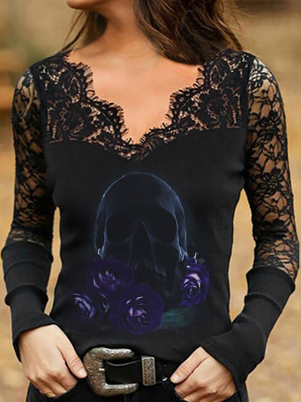 Women's T-Shirts Hollow Lace Skull V-Neck Long Sleeve T-Shirt - T-Shirts - INS | Online Fashion Free Shipping Clothing, Dresses, Tops, Shoes - 08/10/2021 - 20-30 - color-black