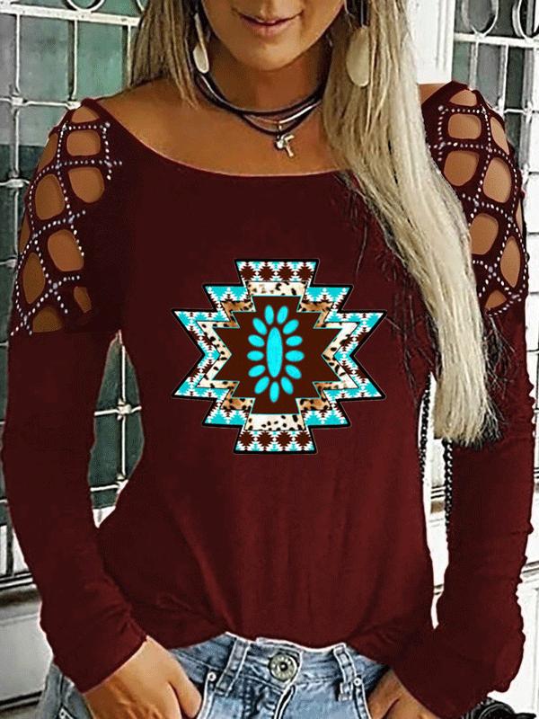 Women's T-Shirts Hot Rhinestone Hollow Retro Print Long Sleeve T-Shirt - T-Shirts - INS | Online Fashion Free Shipping Clothing, Dresses, Tops, Shoes - 20-30 - 20/11/2021 - color-black