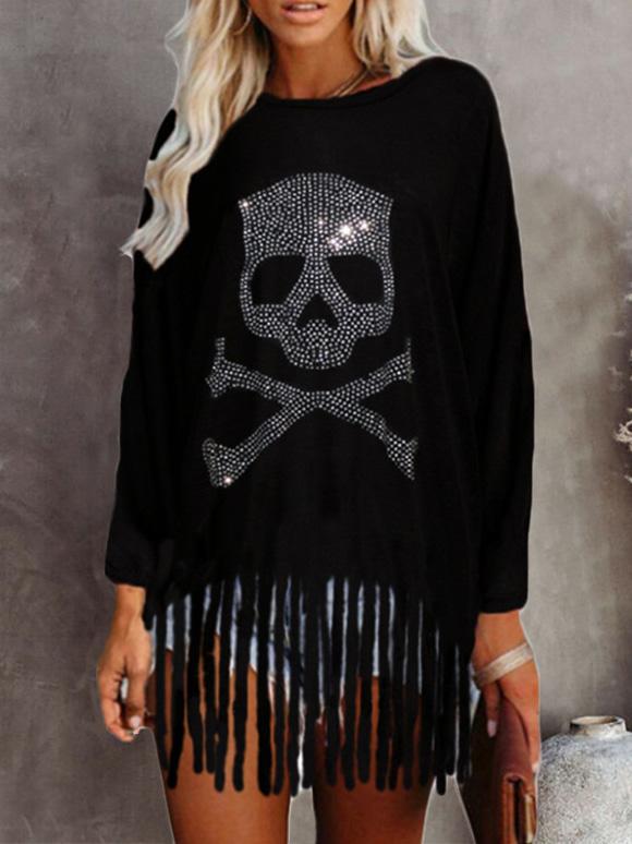 Women's T-Shirts Hot Rhinestone Skull Tassel Bat Long Sleeve T-Shirt - T-Shirts - INS | Online Fashion Free Shipping Clothing, Dresses, Tops, Shoes - 10-20 - 17/09/2021 - Category_T-Shirts