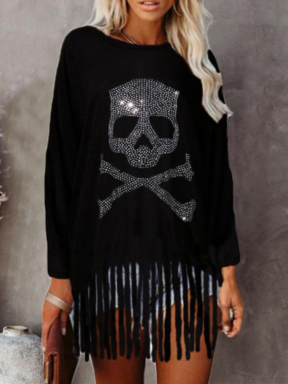 Women's T-Shirts Hot Rhinestone Skull Tassel Bat Long Sleeve T-Shirt - T-Shirts - INS | Online Fashion Free Shipping Clothing, Dresses, Tops, Shoes - 10-20 - 17/09/2021 - Category_T-Shirts