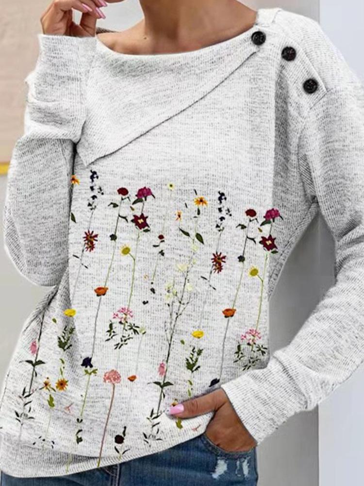 Women's T-Shirts Irregular Collar Floral Long Sleeve Buttons T-Shirt - T-Shirts - INS | Online Fashion Free Shipping Clothing, Dresses, Tops, Shoes - 20-30 - 28/10/2021 - color-white