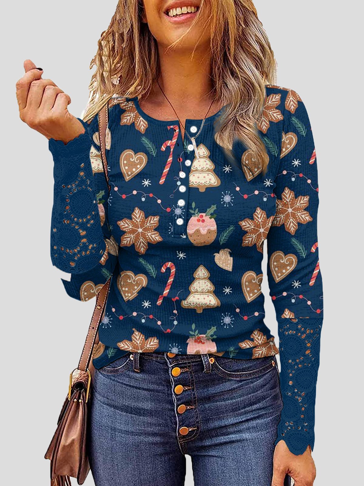 Women's T-Shirts Lace Christmas Print Button Round Neck Long Sleeve T-Shirt - T-Shirts - INS | Online Fashion Free Shipping Clothing, Dresses, Tops, Shoes - 05/11/2021 - 20-30 - color-black