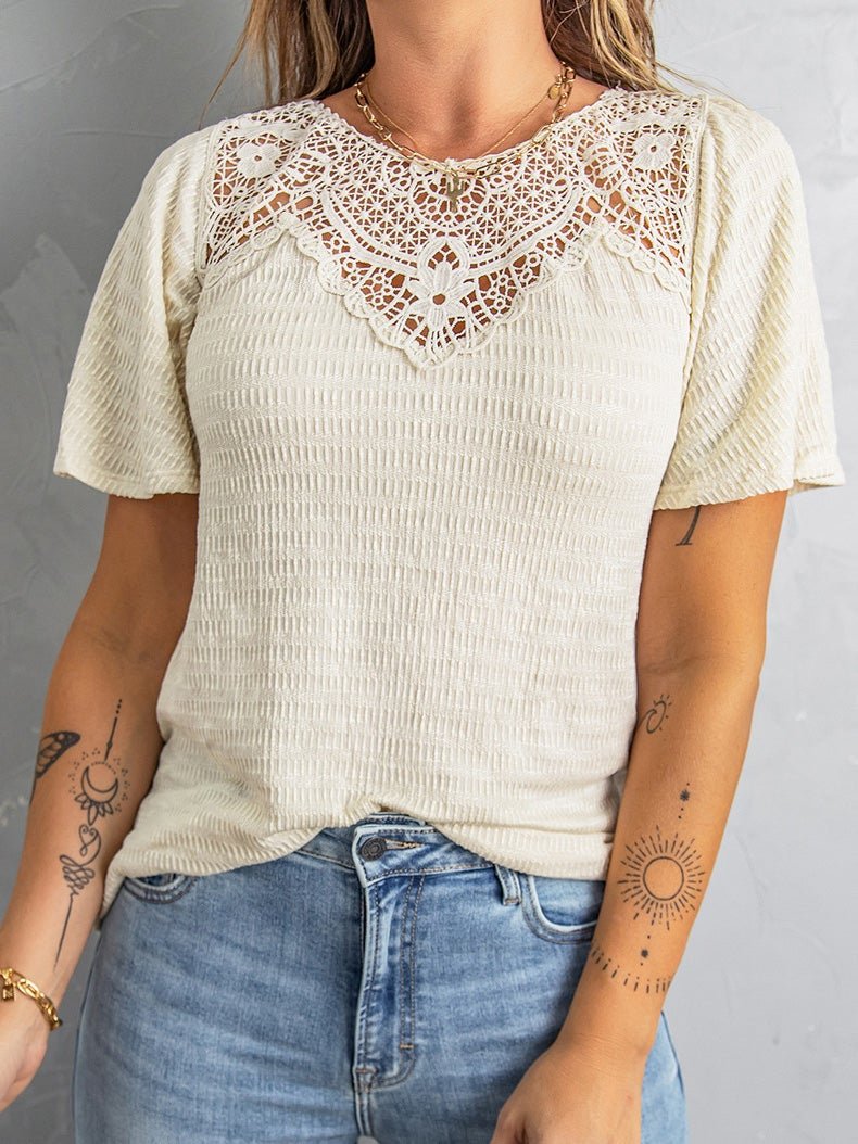 Women's T-Shirts Lace Hollow V-Neck Short Sleeve T-Shirt - T-Shirts - Instastyled | Online Fashion Free Shipping Clothing, Dresses, Tops, Shoes - 15/01/2022 - 30-40 - color-apricot